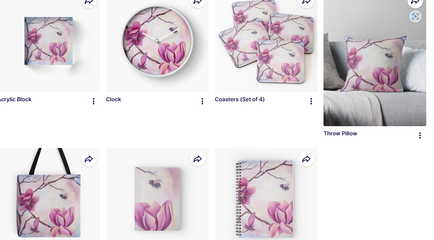 Magnolia design on clock, bags, notebooks